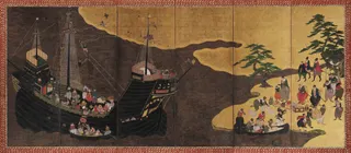 Nanban byōbu attributed to Kanō Dōmi, right-hand screen: carrack and Portuguese traders at Nagasaki