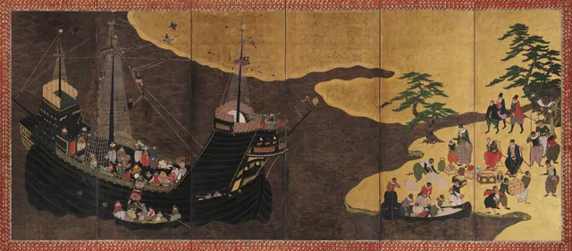 Nanban byōbu attributed to Kanō Dōmi, right-hand screen: carrack and Portuguese traders at Nagasaki